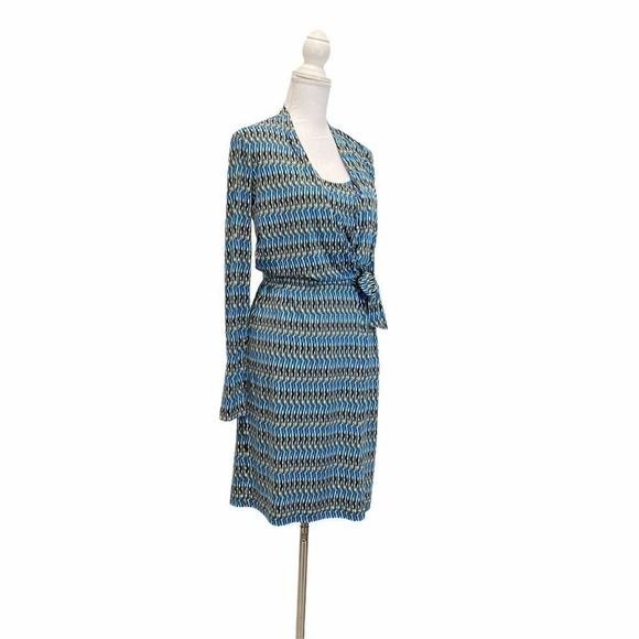 CALVIN KLIEN Women's Faux Wrap Sz 4 Blue Long Sleeve Geo Print Midi Dress - Picture 3 of 15